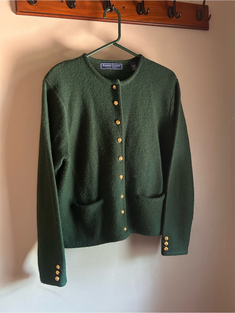 KAREN SCOTT Dark Green Wool Cardigan with Gold Accent